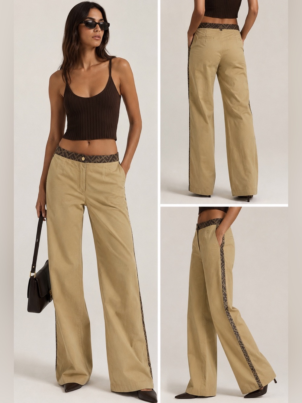 Vintage Fendi FF Monogram Zucca Print Wide Leg Trouser Pants IT 40